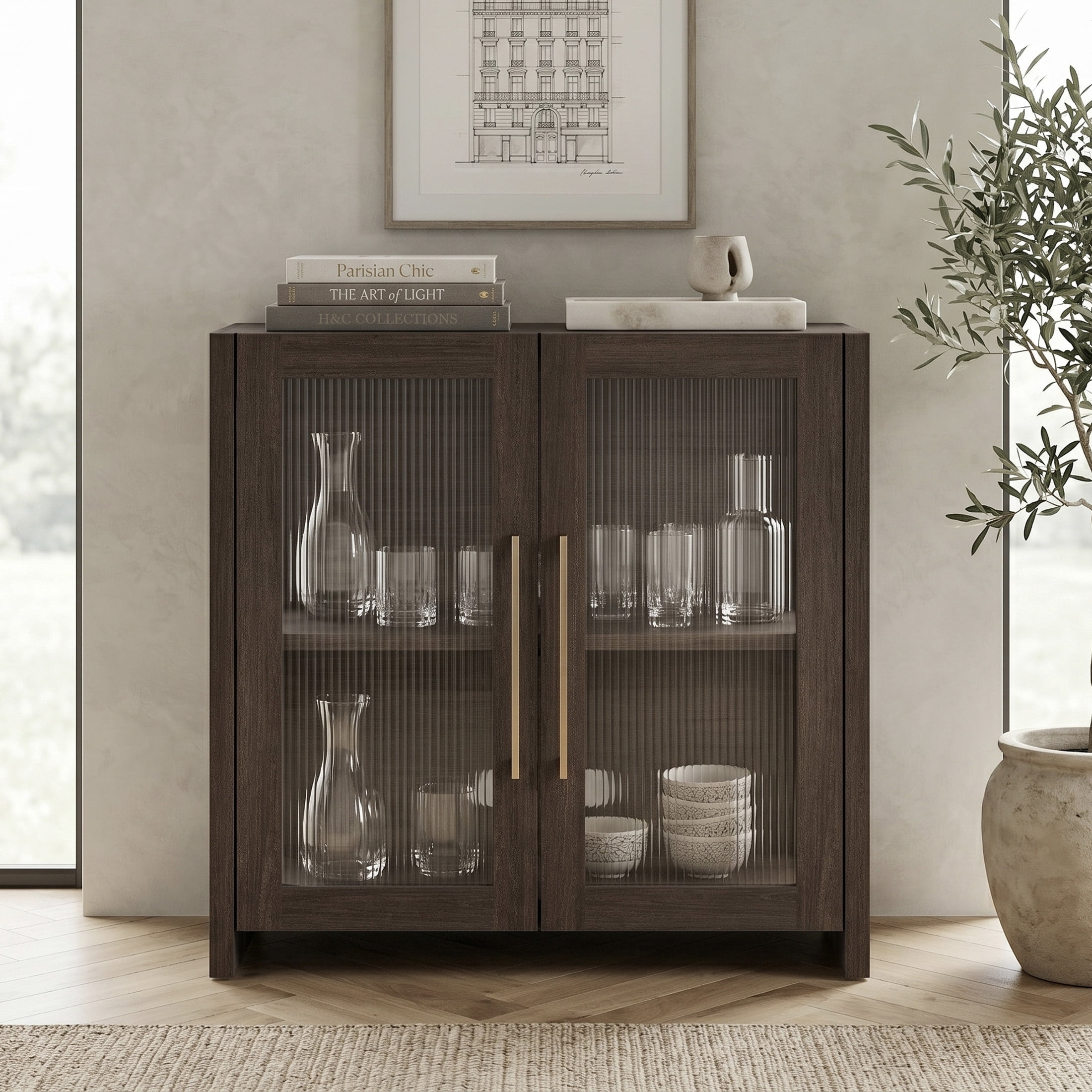 Evelyn&Zoe Modern/Contemporary 32" Wide Brown Oak Accent Cabinet