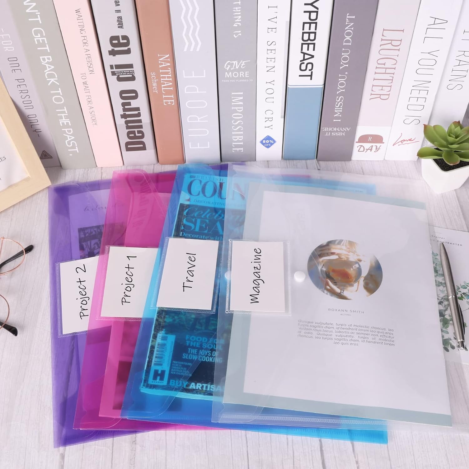 ED 30pcs Plastic Envelopes Poly Envelopes, Document Folders with Snap Button Closure, Letter Size, A4 Size with Label Pocket for School Home Work Office Organization, 6 Colors