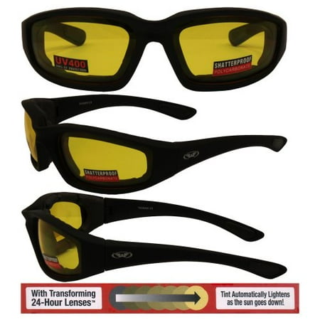 Photochromic Motorcycle Glasses Kickback Photochromic - Light Adjusting Lens Yellow Tint to Smoke - EVA Foam Padded Motorcycle Sunglasses ()