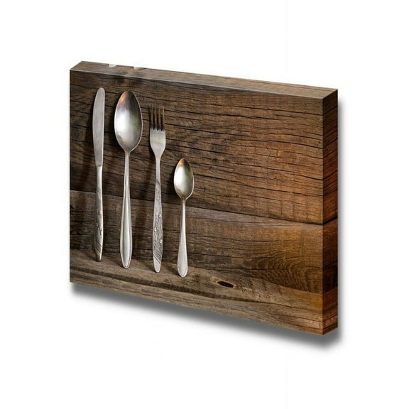 Canvas Prints Wall Art - Cutlery Kitchenware on Old Wooden Boards Food/Kitchen Concept | Modern Wall Decor/Home Decoration Stretched Gallery Canvas Wrap Giclee Print & Ready to Hang - 24" x