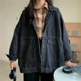thumbnail image 4 of Women Denim Jacket Retro Single-breasted Loose Turn-down Collar Long Sleeves Solid Color Pockets Plus Size Lady Coat Commuting Shopping Jacket, 4 of 8