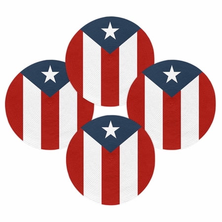 4th of July Round Placemats Set of 4 Puerto Rico Flag Place Mats Independence Day Woven Placemat Star Red Stripes And Blue Patriot Circle Braided Table Mat for Kitchen Dining Table Party 15 Inch