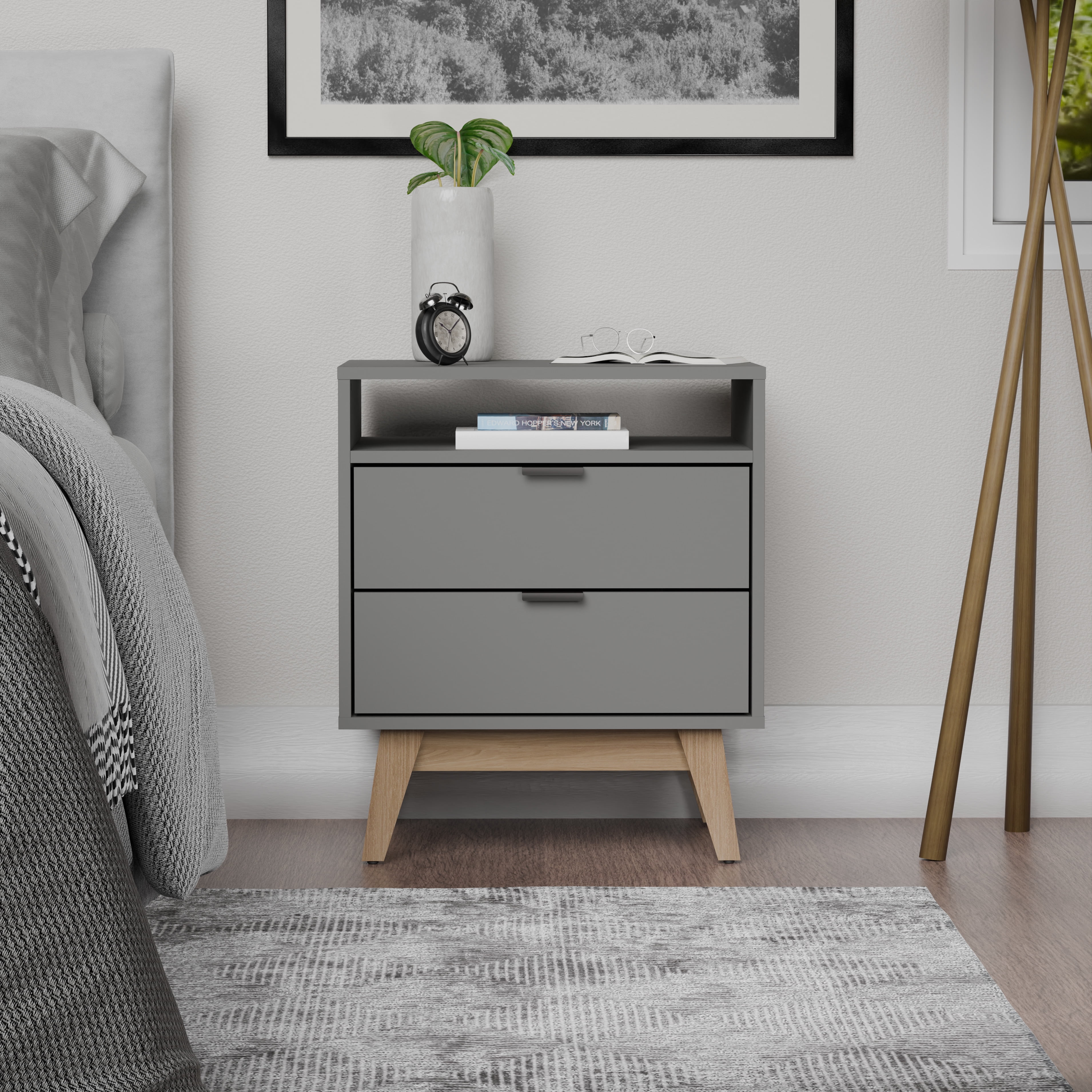 Kappesberg Hanford Modern 2-Drawer Nightstand with Niche, 24.4”H x 21.25”W x 17.7”D, Grey - for Adults and Teens