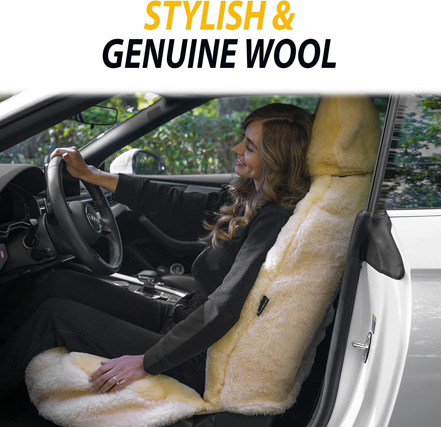 Zone Tech Genuine Sheepskin Ivory Car Seat Cover, Fluffy Luxury Wool Front Seat Covers, Universal Fits Car, Truck, SUV, & Van