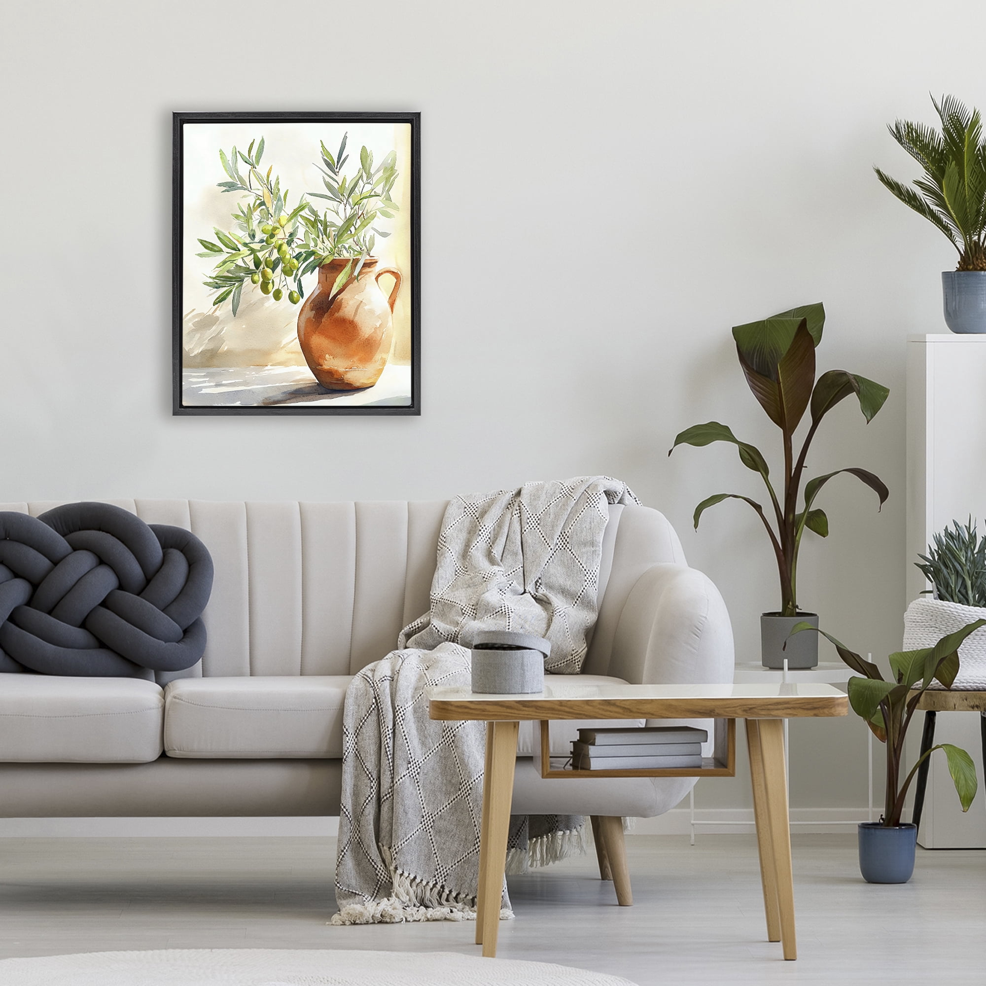 Stupell Industries Olive Branch in Terracotta Vase Black Framed Floater Canvas Wall Art, design by LSR Design Studio