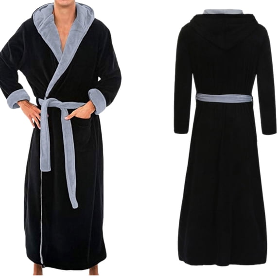 APEXFWDT Men's Big&Tall Long Robe Light Fleece Colorblock Hooded Bathrobe with Pockets, Loungewear,XXXXL,Black