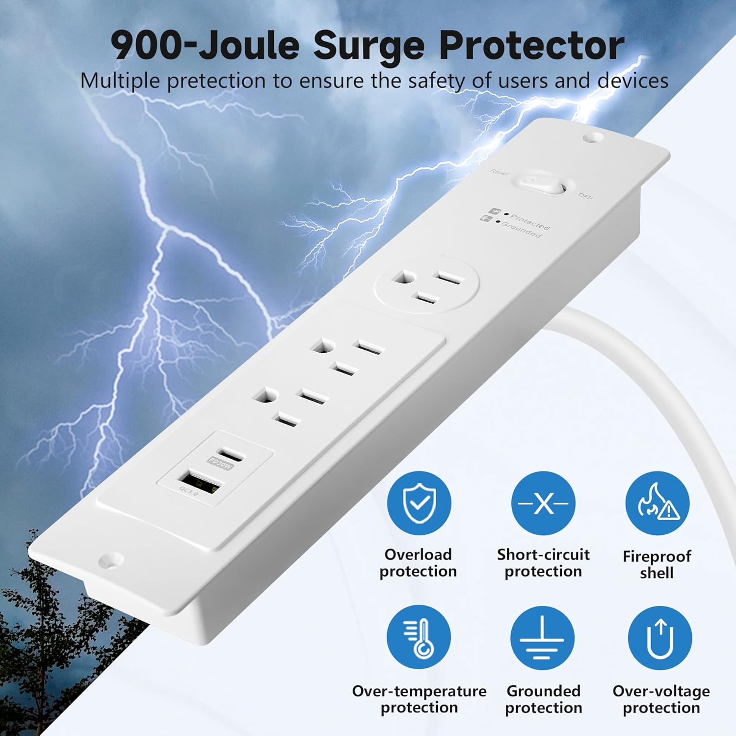 RGHJAR-Recessed Power Strip with 6 Feet Cord, 45 Degree 3-Prong Thin Flat Plug, 3 AC Outlets (1 Widely Spaced AC Outlets),2 USB Ports (20W PD USB-C & 18W QC3.0 USB-A) 980J Surge Protection, ETL Liste
