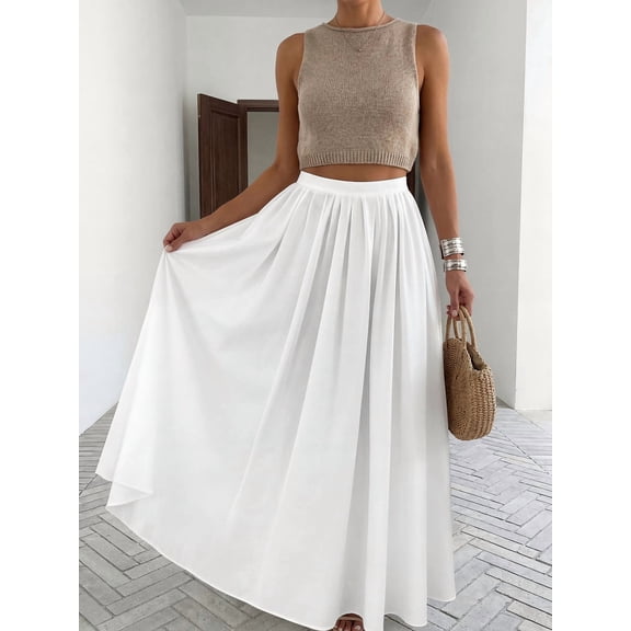 White Solid Color Flowing Maxi Skirt Casual Bohemian Summer