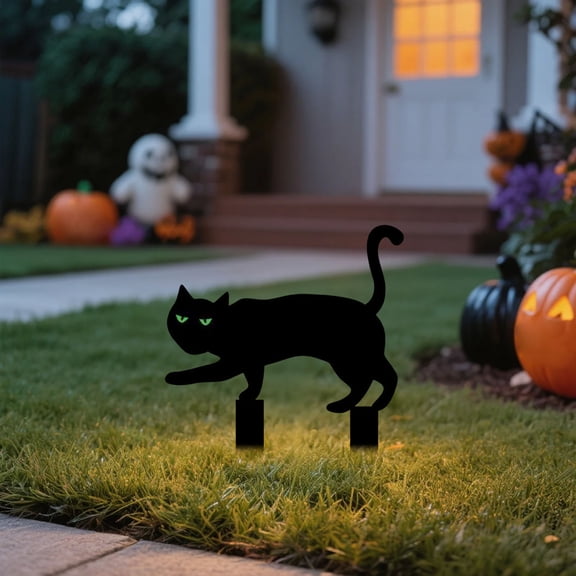 Halloween Black Cat Silhouette Yard Stakes 7.87 Inch Acrylic Garden Ornaments with Glowing Eyes for Yard Walkway Home Outdoor Decor