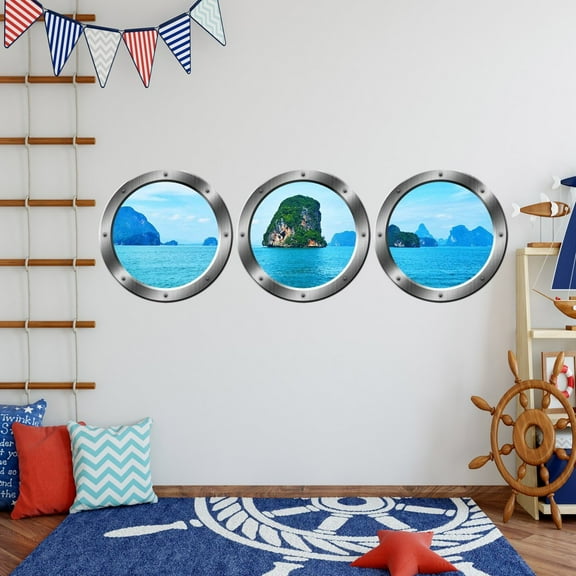 VWAQ PORTHOLES - Cruise Ship Decals, Tropical Island Wall Decor - VWAQ-SPW11 (24" Diameter, Silver)