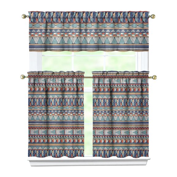 Kitchen Curtains 36 Inch Short - 3 Panel Set, Rod Pocket Window Curtain, Boho Floral Tribal Style, 100% Polyester for Farmhouse, Kitchen, Cafe, Bedroom, Easy Wash