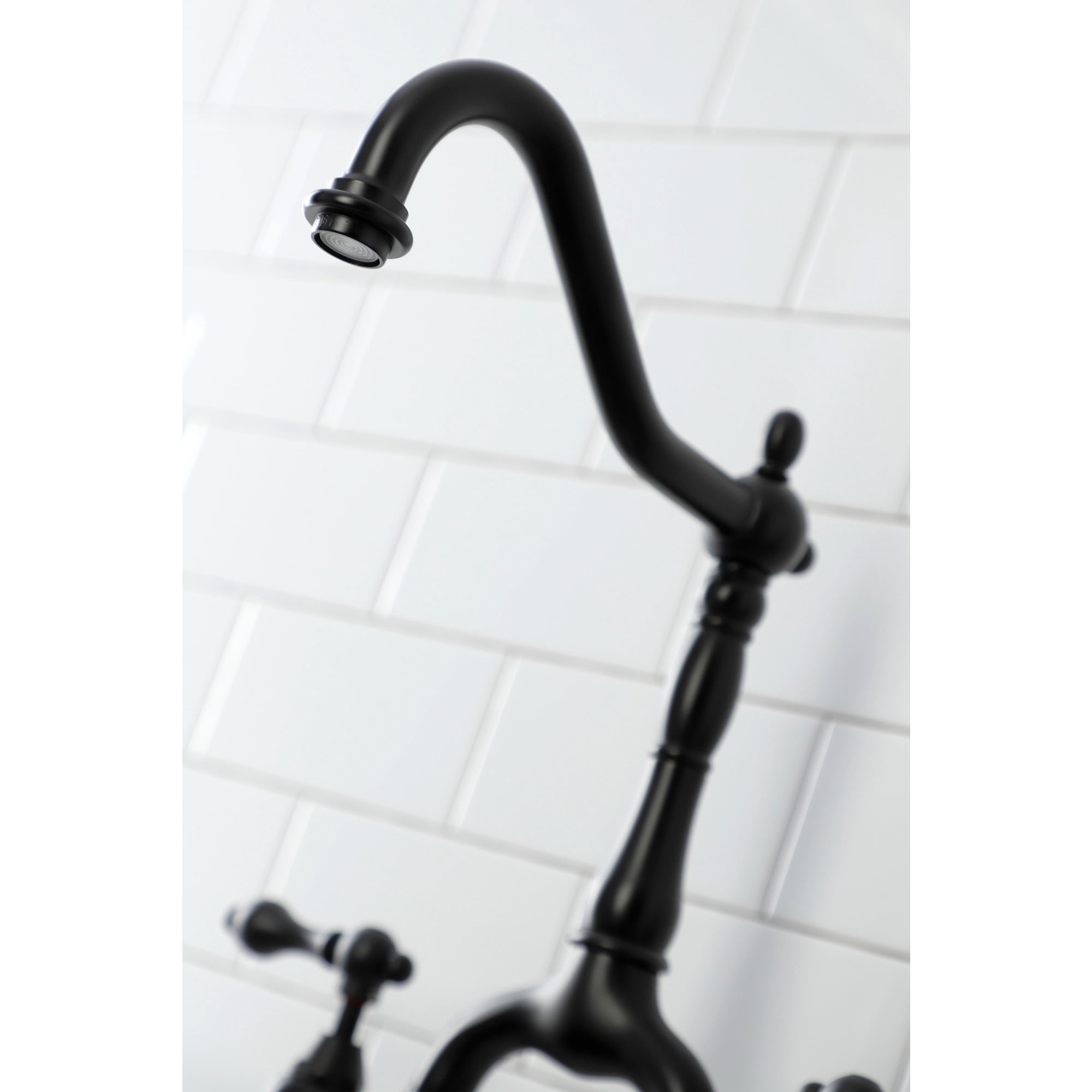 Kingston Brass KS7750ALBS English Country Two-Handle 3-Hole Deck Mount Bridge Kitchen Faucet with Brass Side Sprayer in Matte Black