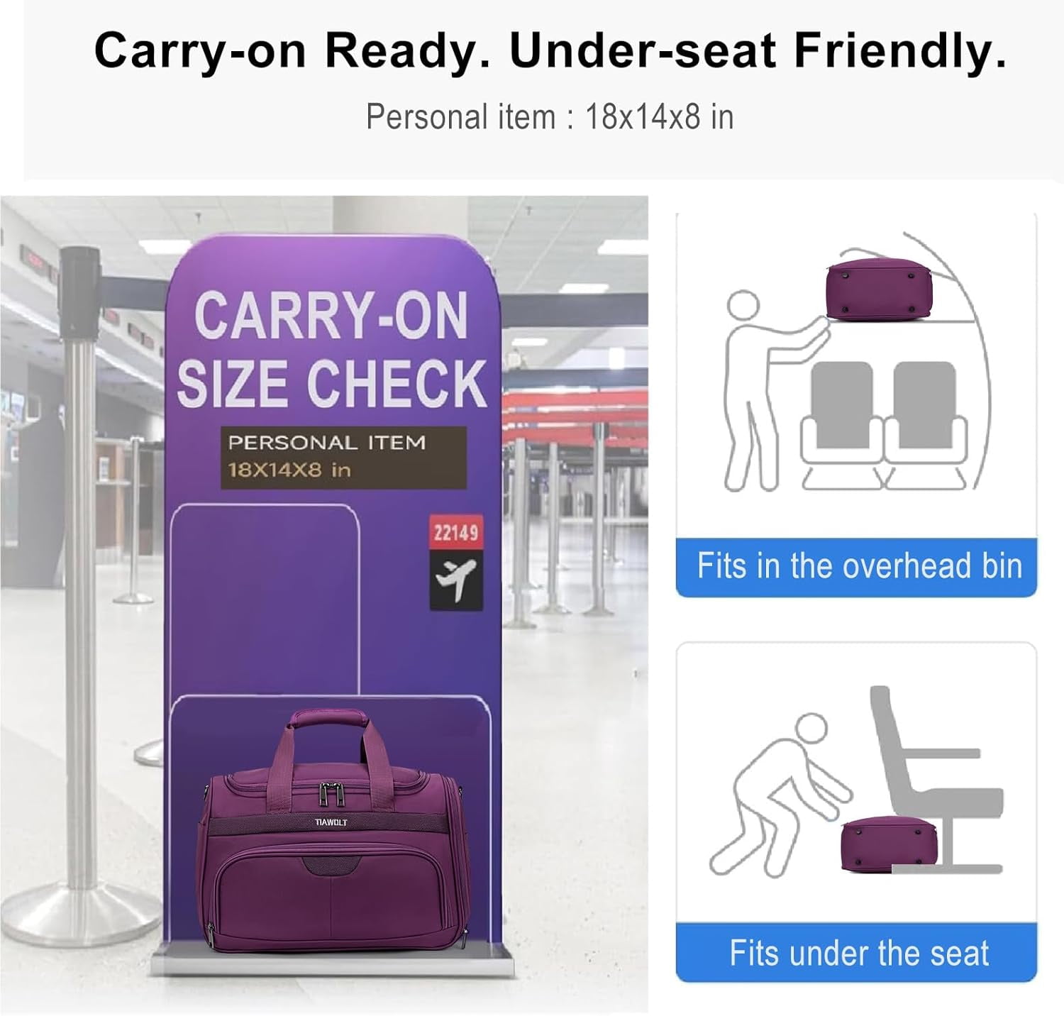 TIAWOLT Underseat Carry On luggage Bags for Travel Foldable Duffle Bag for Travel, Softside Lightweight Travel Bag Carry On Bags for Airplanes Women, Travel Tote Bags for Women Men,Purple