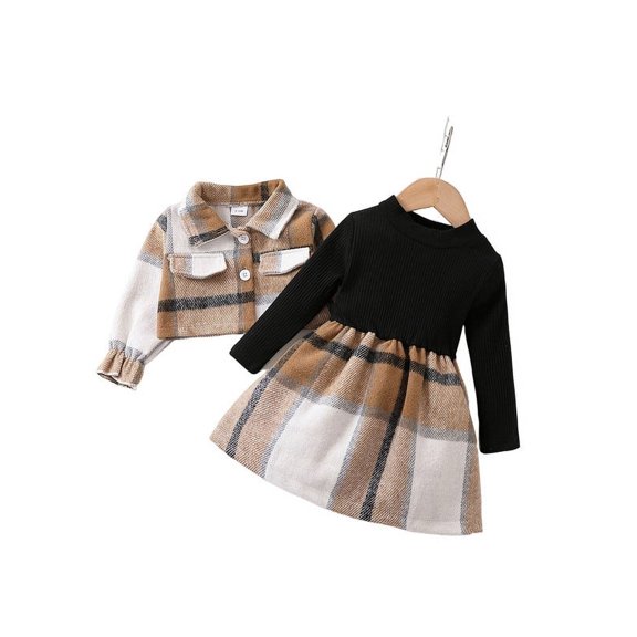 Newborn Baby Girl Clothes Lapel Plaid Long Sleeved Front Pocket Coat Dress set 2PCs Infant Fall Winter Outfits
