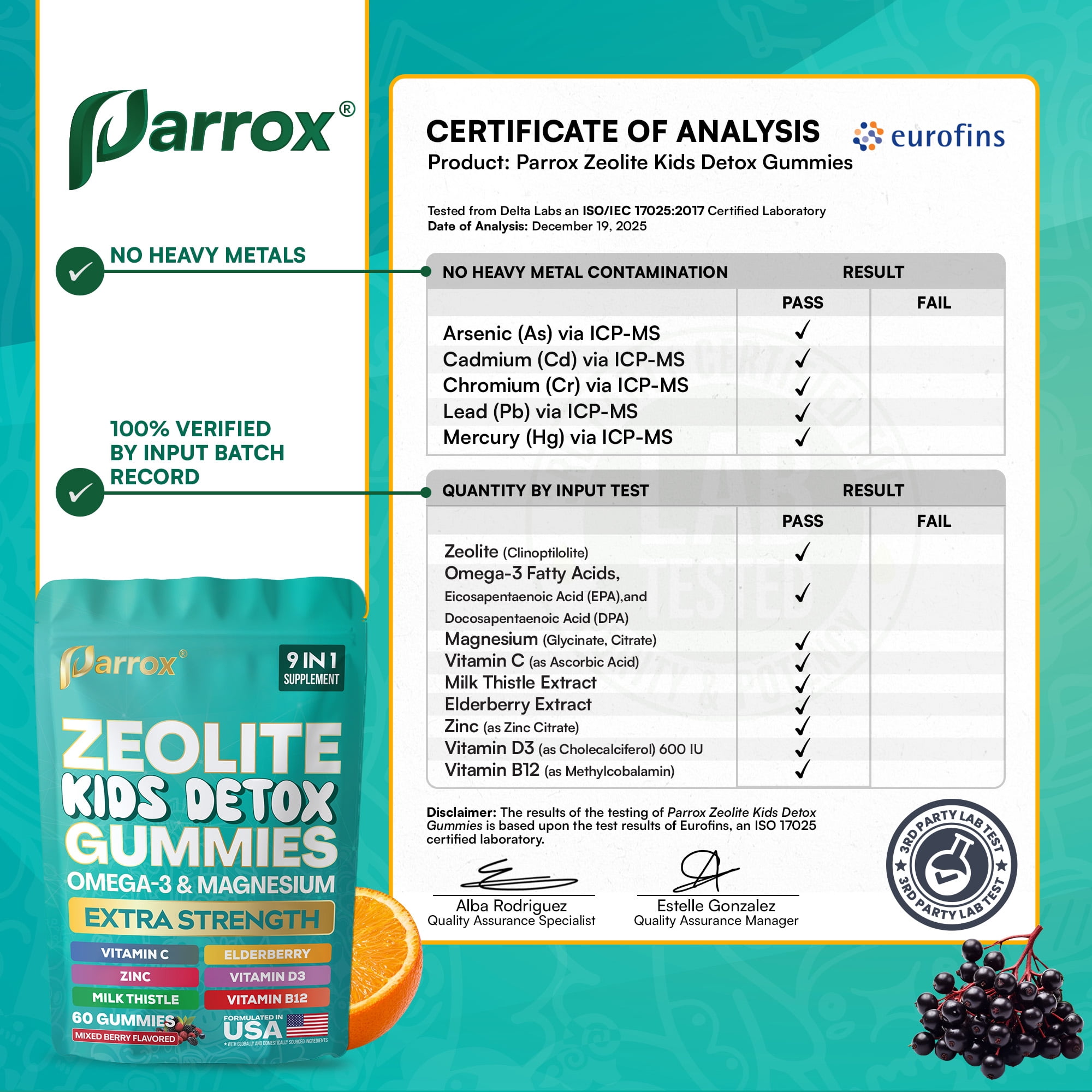 Parrox Zeolite Detox Gummies for Kids, Elderberry Extract 10mg, Kids Detox, Immune & Gut Health, Energy, Brain & Bone, Omega-3, D3, B12, Mixed Berry, 60 count