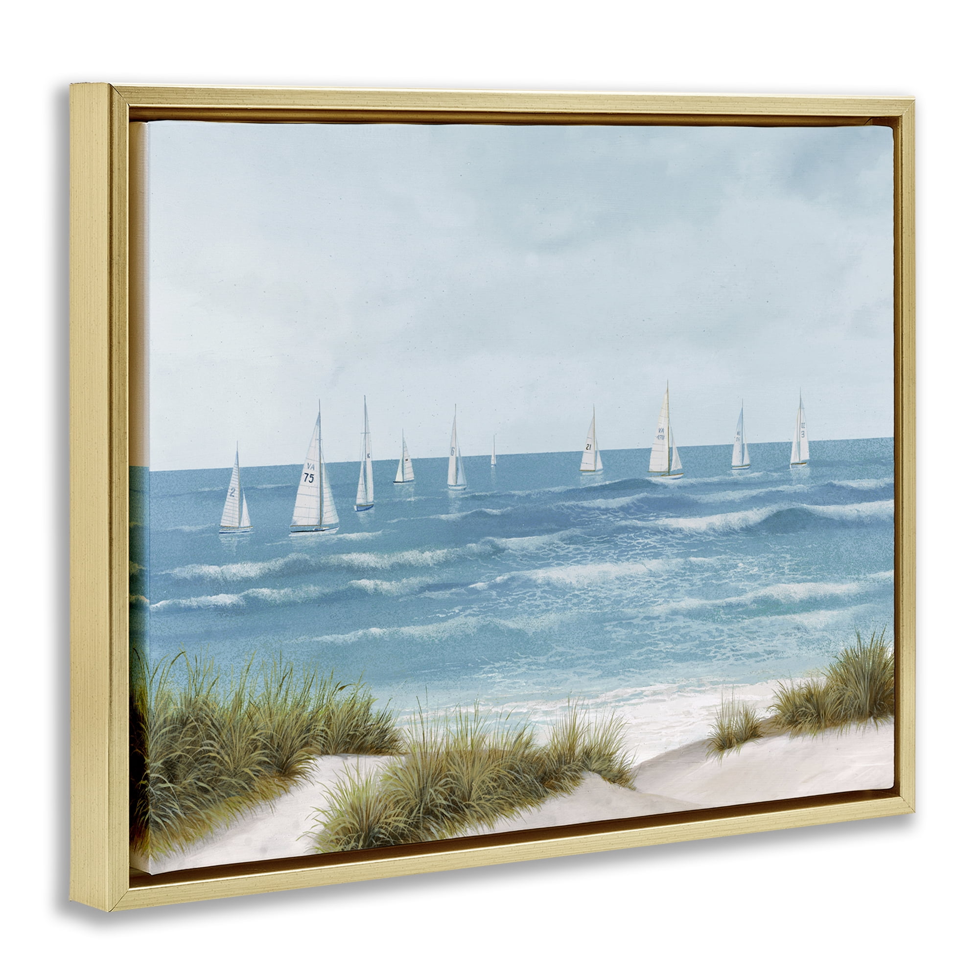 Stupell Industries Sail Away Seaside Boats Gold Framed Floater Canvas Wall Art, design by Lorenzo Collective