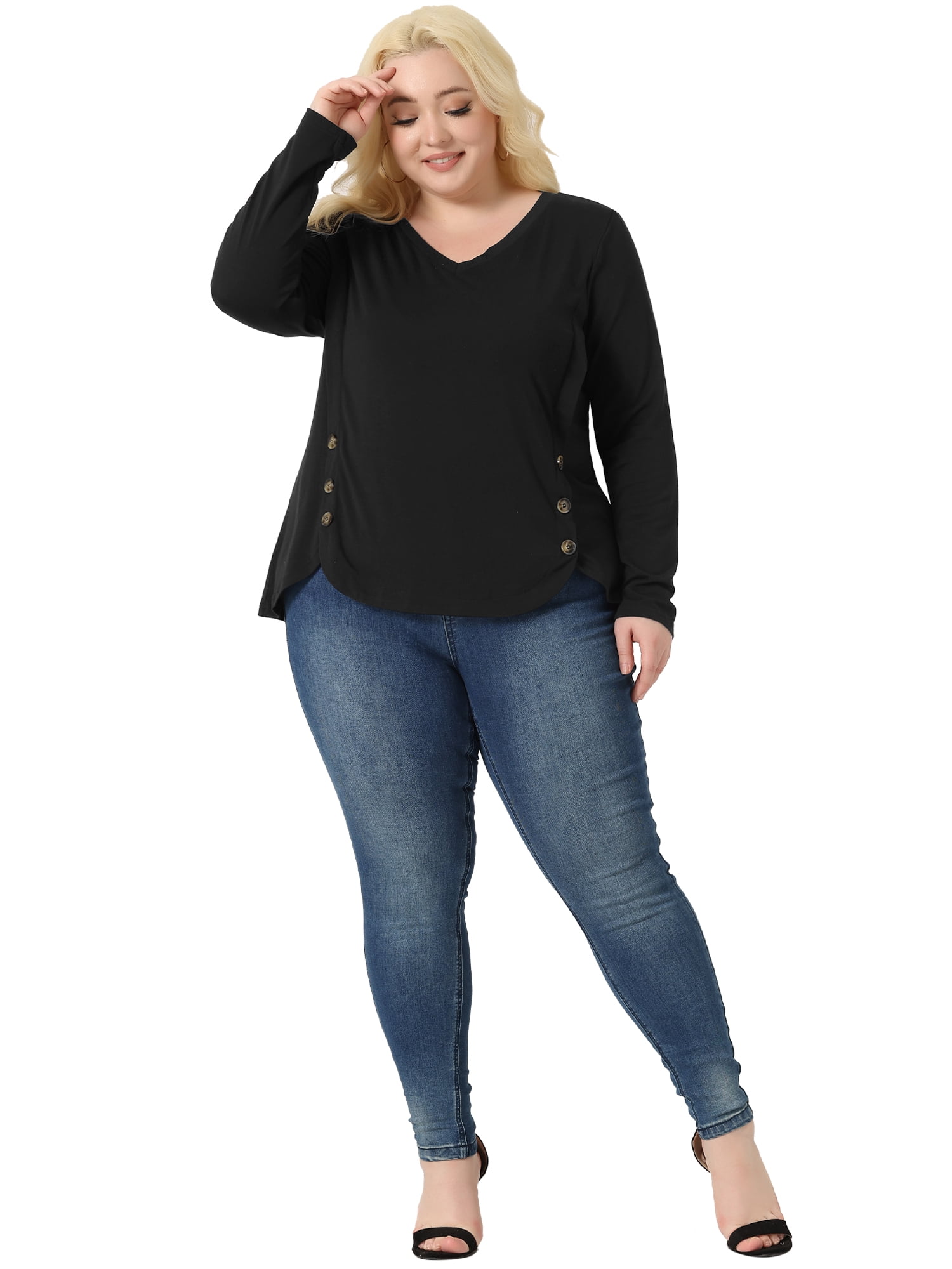 DARING DIVA Women's Plus Size Long Sleeve Button Side Swing Blouses 1X Black