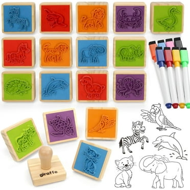 Coogam Wooden Animal Stamps Printing Toy Set, 20pcs Color Shape Stamping for DIY Scrapbook Arts Crafts Supplies Party Favor Toy with Markers Suitable for 3 4 5 Year Old