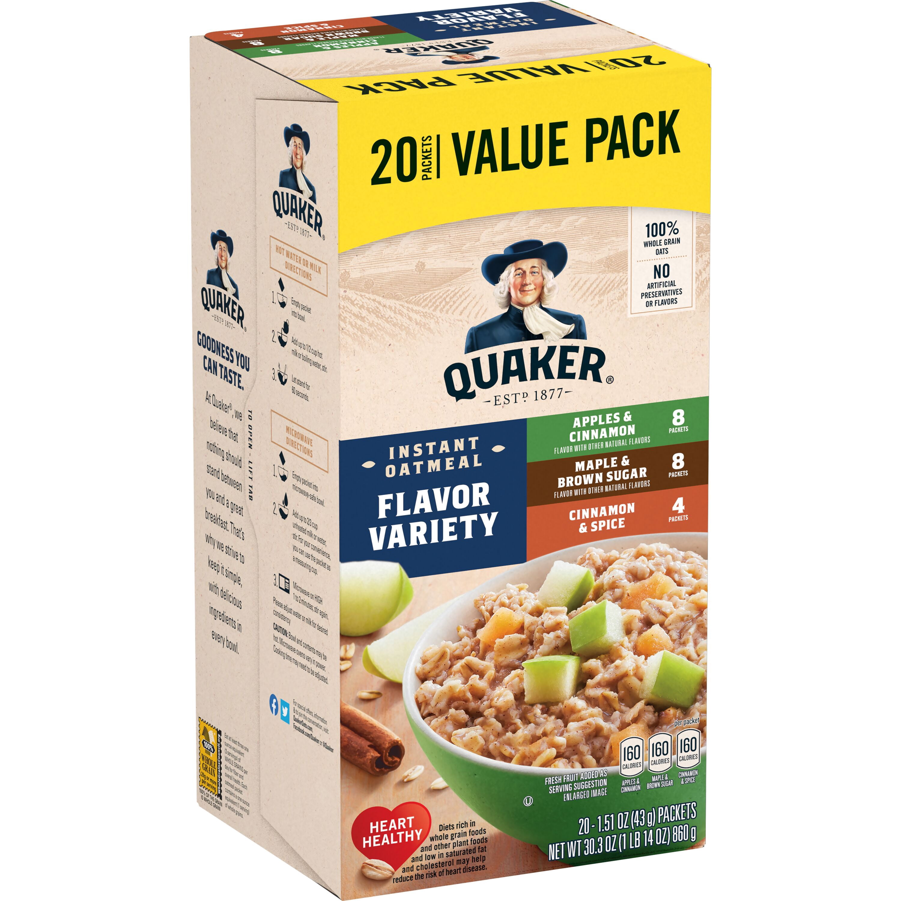 (8 pack) Quaker Instant Oatmeal, Flavor Variety Value Pack, 20 Packets (8 Apples & Cinnamon, 8 Maple & Brown Sugar, 4 Cinnamon Spice)