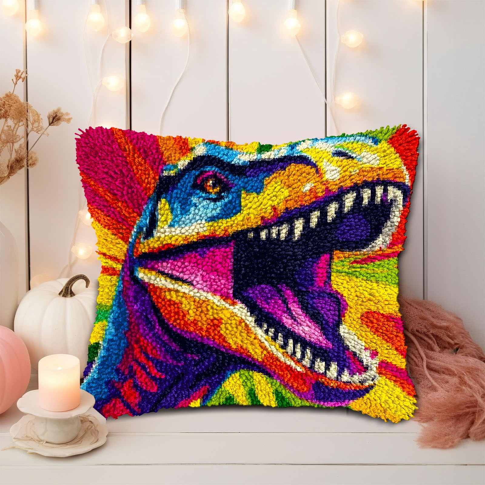 Roaring Dinosaur DIY Latch Hook Pillow Kits for Adults Printed Pillowcase Crochet Yarns Hooking Handmade Pillow Cover Cushion for Home Sofa Decoration 17x17inch