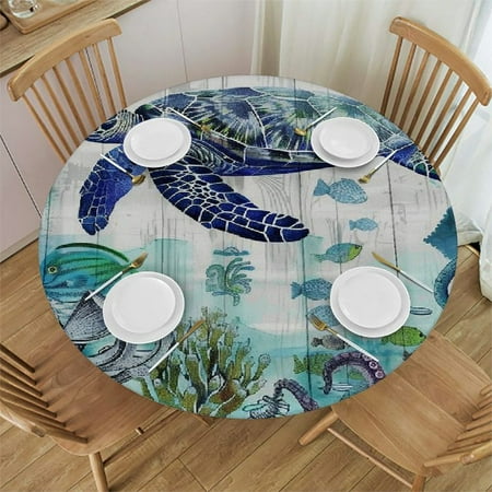 

Palnkart Sea Turtle Octopus Coral Reef Round Table Cover Stain Resistant Washable Indoor Outdoor Tablecloth Kitchen Dining Wedding Parties 100% Polyester Fiber 38-42
