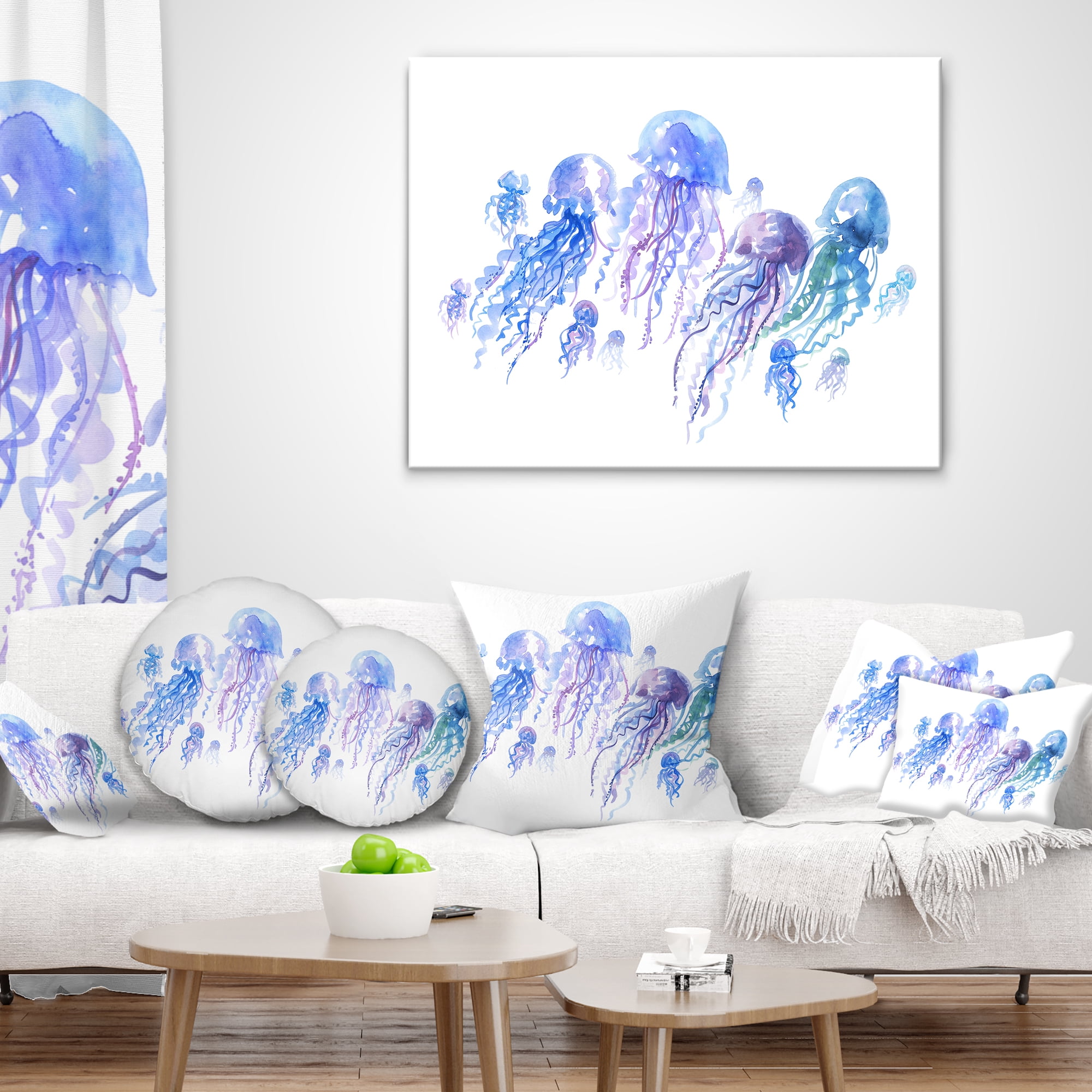 Designart Blue Purple Jellyfish Group - Abstract Throw Pillow - 16x16