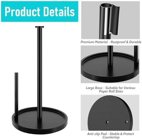 Paper Towel Holder Countertop, Standing Paper Roll Holder with Anti Slip Weighted Base, Stainless Steel Freestanding Paper Towel Holder for Kitchen, Black