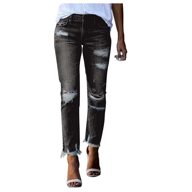Rollbacks Women's Skinny Jeans High Rise Embroidery Crop Jeans Junior Slim Stretch Ripped Tapered Jeans Butt Lift Pants Black M
