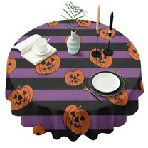 Halloween Purple and Black Striped Pumpkins Round Tablecloth 60"x60",Wrinkle Wipeable Table Cloth for Kitchen Dining Room Picnic Patio Party