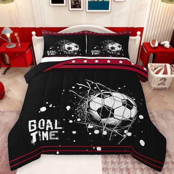 Feelyou Teens Watercolor Football Bedding Comforter Set, Cartoon Soccer Sports Twin Comforter Sets, Rugby Goal Time Reversible Bedding Set, Black Red Luxury Bedroom Decor, 2pcs