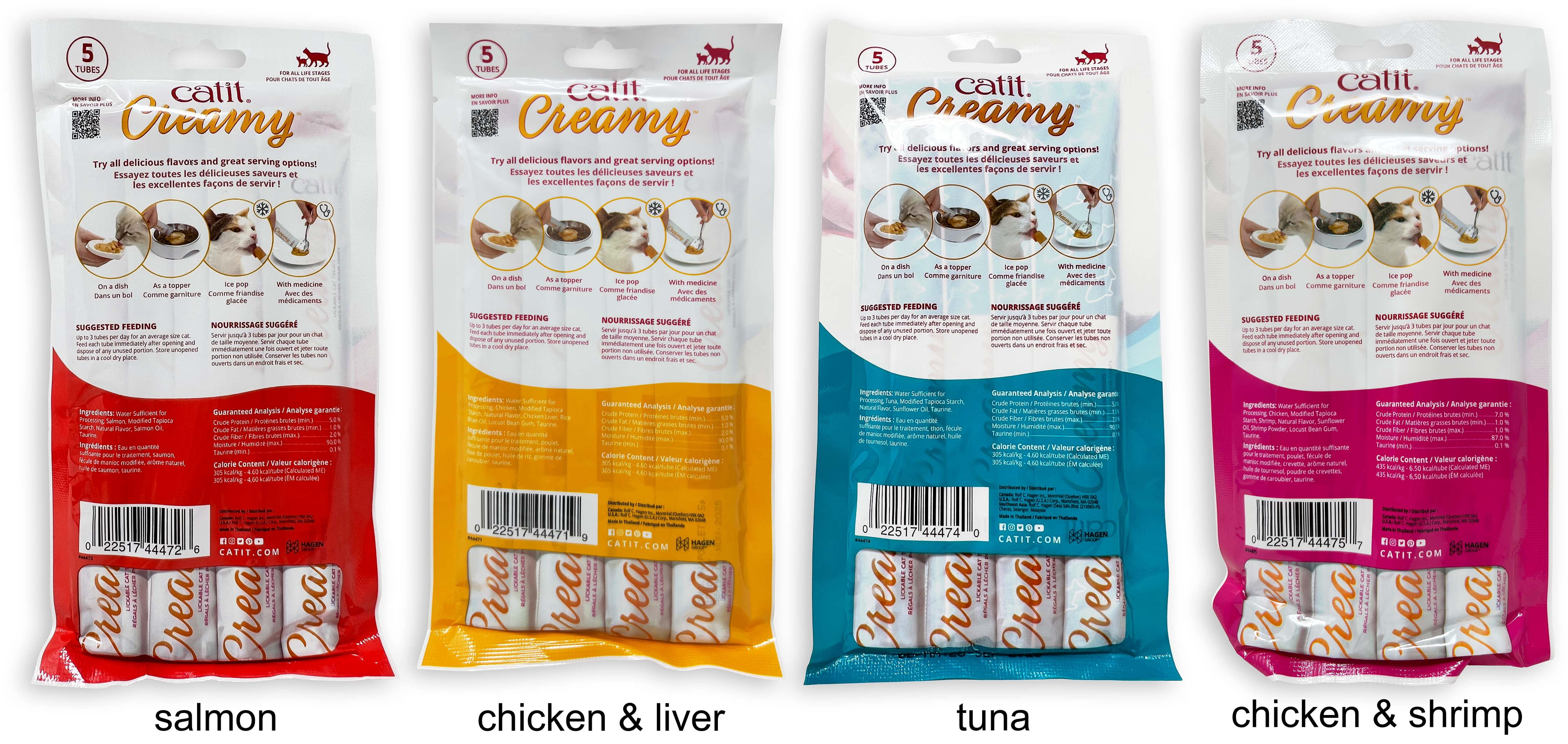 Catit Creamy Puree Cat Food Topper – Chicken & Liver, Tuna, Chicken & Shrimp, Salmon – 4 Pack (2.6 oz Each) | MerlinsMart Zine & Catnip Toy