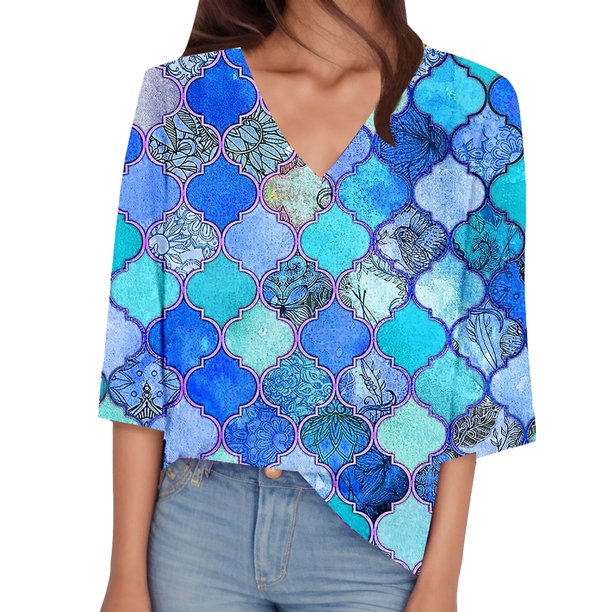 Gibobby Blusa Casual de Mujer Top manga corta con cuello en V y manga 3/4 con estampado cuadros irregulares para mujer(Azul,G)