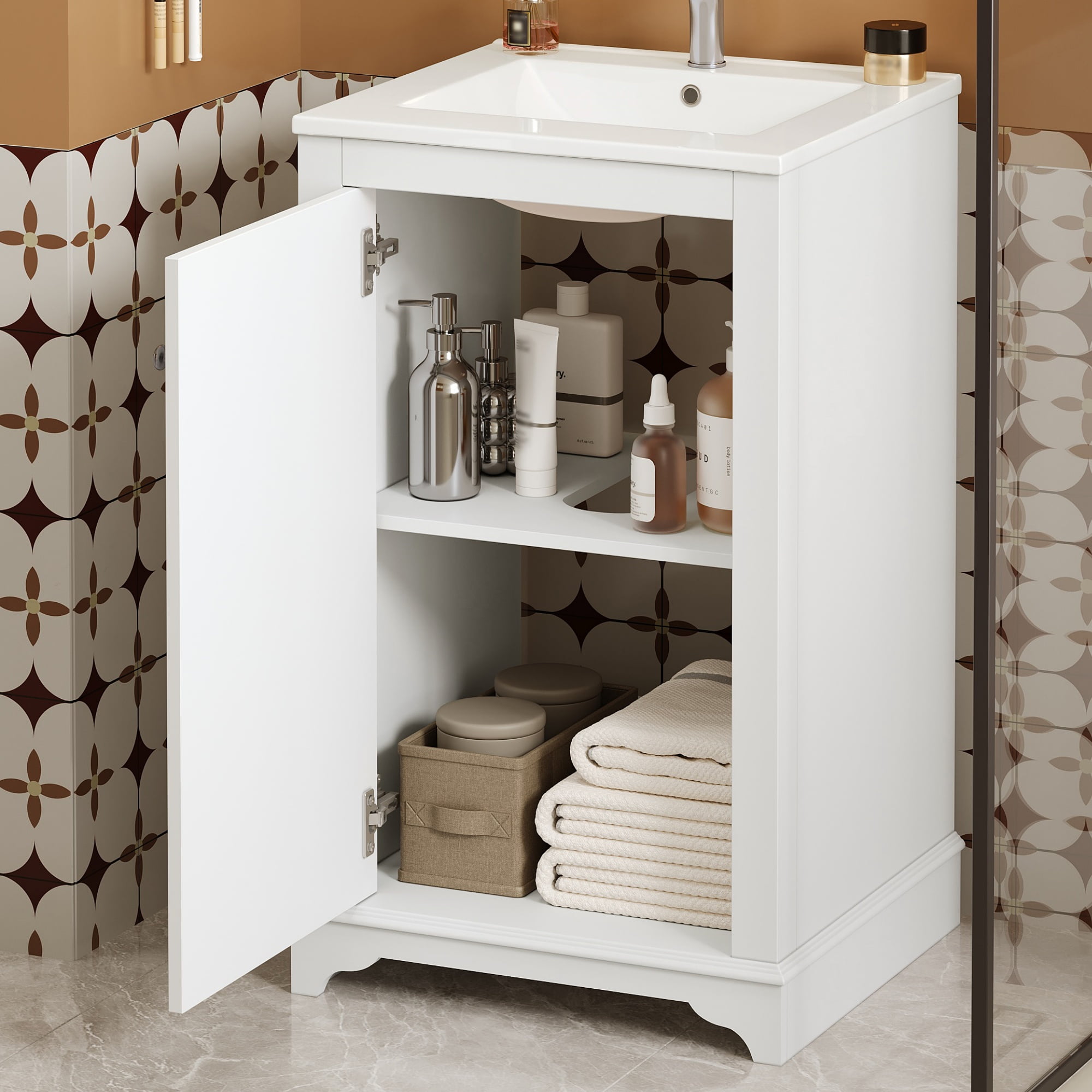 Euroco 20-inch Bathroom Vanity with Ceramic Sink, Freetanding Single Vanity Set with Soft Closing Door, adjustable shelf, Modern Style, White.