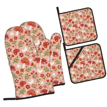 

Balery Dragonfly Mushroom Pattern Oven Mitts and Pot Holders 4 pcs Set Kitchen Oven Glove High Heat Resistant 500℉ Oven Mitts with Non-Slip Silicone Surface
