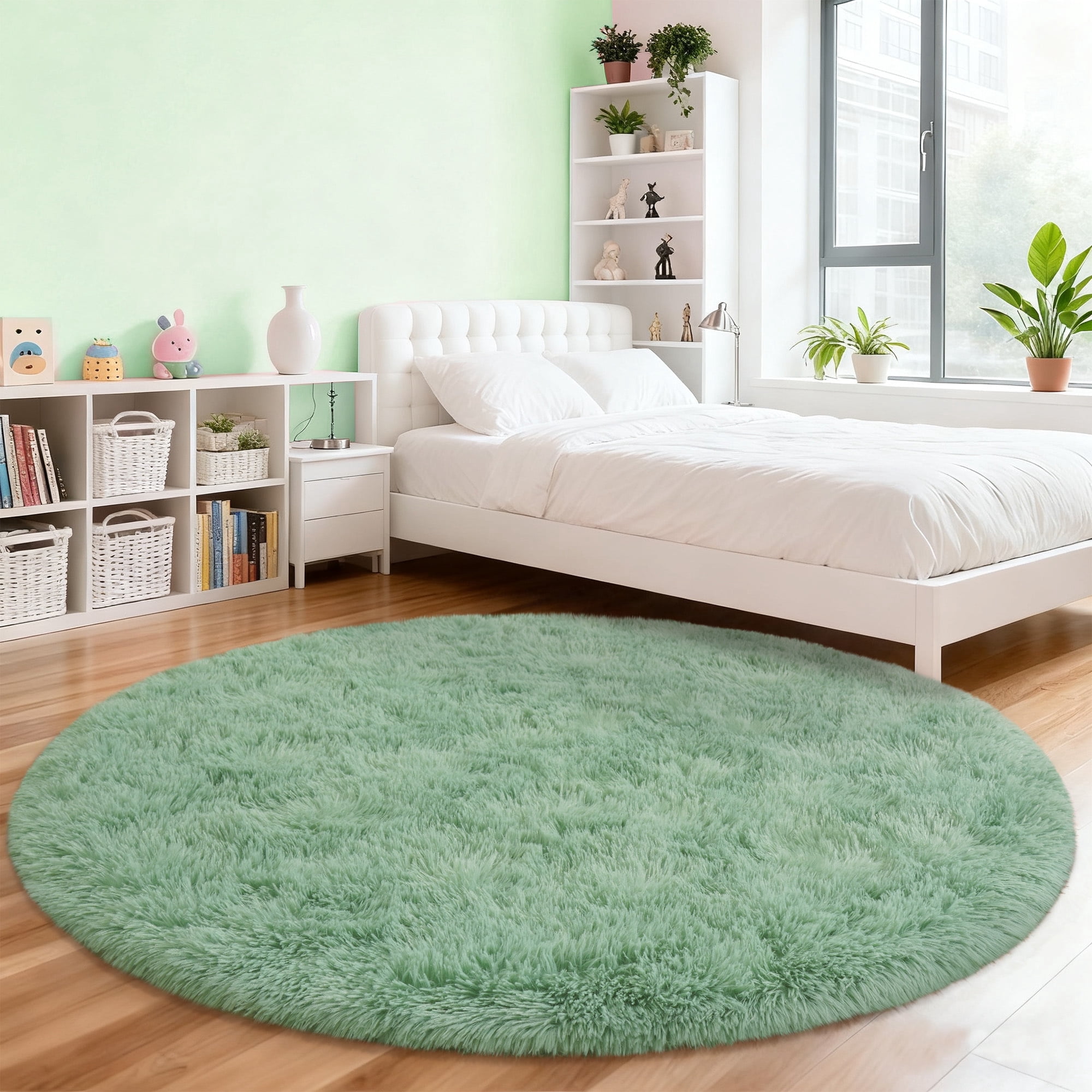 ASPILLOW Fluffy Round Rug 5ft Plush Shag Carpet Non-Slip Mint Green Soft Area Rug For Kids Girls Boys Dorms Nursery Rooms Home Decor