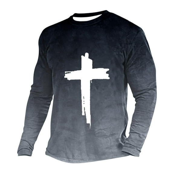 QQAMB T-Shirts for Men Plus Size Gradient Color Cross Printed Lightweight Casual Crewneck Loose Long Sleeve Tee T-Shirts Black 2XL