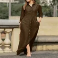 thumbnail image 2 of SpringSummer Women's L-5XL Plus Size Elegant Neutral Style Cotton Linen Long Dress Long Sleeved Lapel Solid Color Loose Casual, 2 of 5
