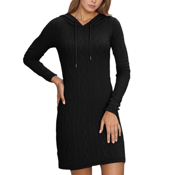 QHFBli Women Hooded Sweater Dress Trendy Texture Knit Casual Pullover Hoodies Loose Fit Long Sleeve Elegant Sweatshirt Fall Dress