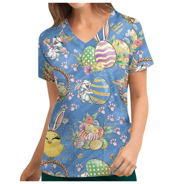 Women's Fashion Easter Rabbit Print V-neck Short Sleeve Pocket Workwear Top