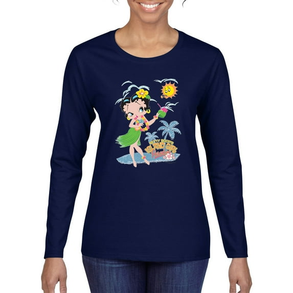 Wild Bobby, Betty Boop Island Girl Paradise Betty Boop Womens Long Sleeve T-Shirt, Navy, XX-Large