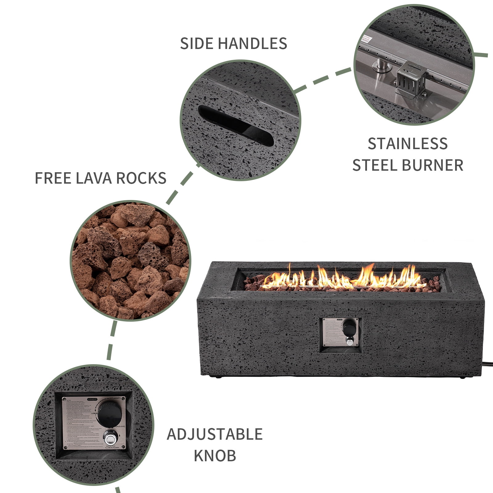 VENTOPYR 42" Rectangular Propane concrete Fire Pit Table with Tank Table