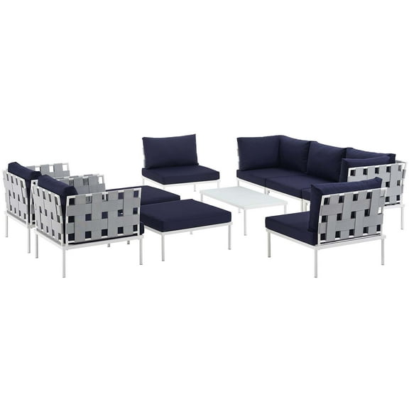 Modern Contemporary Urban Design Outdoor Patio Balcony Ten PCS Sectional Sofa Set, Navy Blue White, Rattan