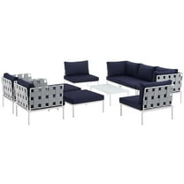 Modern Contemporary Urban Design Outdoor Patio Balcony Ten PCS Sectional Sofa Set, Navy Blue White, Rattan