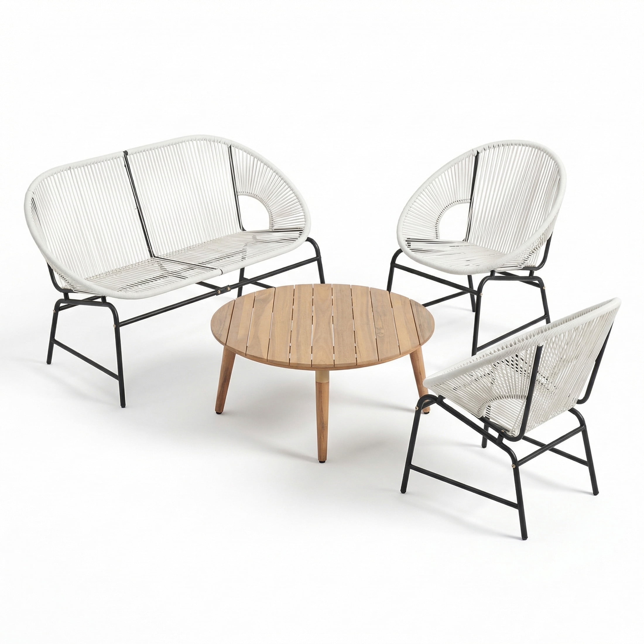 Christopher Knight Home 4-Piece Outdoor Chat Set, Rattan Loveseat, Chairs and Wood Coffee Table, White