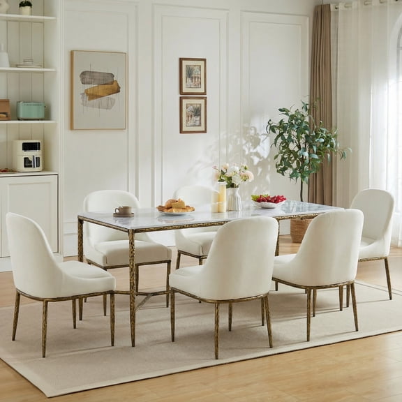 Christopher Knight Home Modern Dining Set for 6, Marble Top Table with Armless Chairs, Metal Legs, Forged Brass