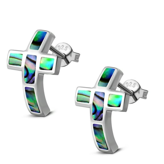 Womens Simulated Blue Green Opal Cross Stud Earrings 925 Sterling Silver