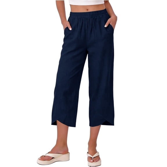Sexlip Women's Capri Pants All Season elastic waist cotton linen cotton solid color with pockets durable for daily casual wear Blue L