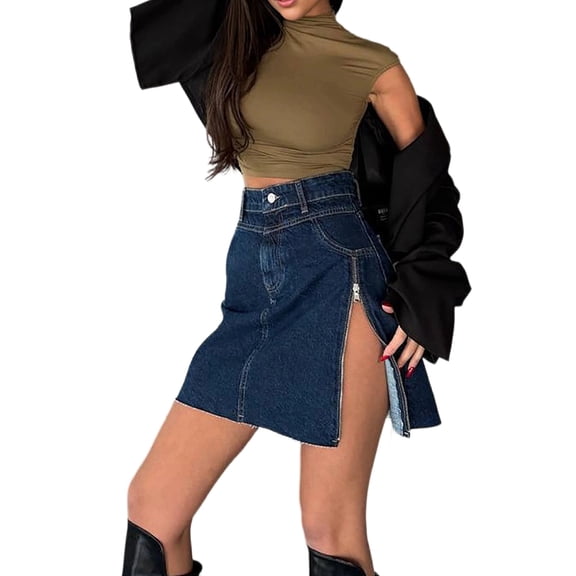Skorts Skirts for Women Denim Mini Skirt Side Slit with Zippered S