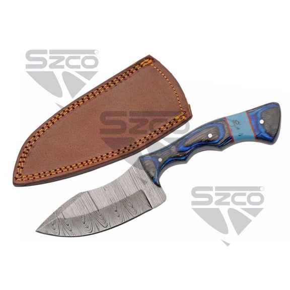 SZCO 8.25" Hunting Knife With Bone Handle, Damascus Steel Blade With Leather sheath