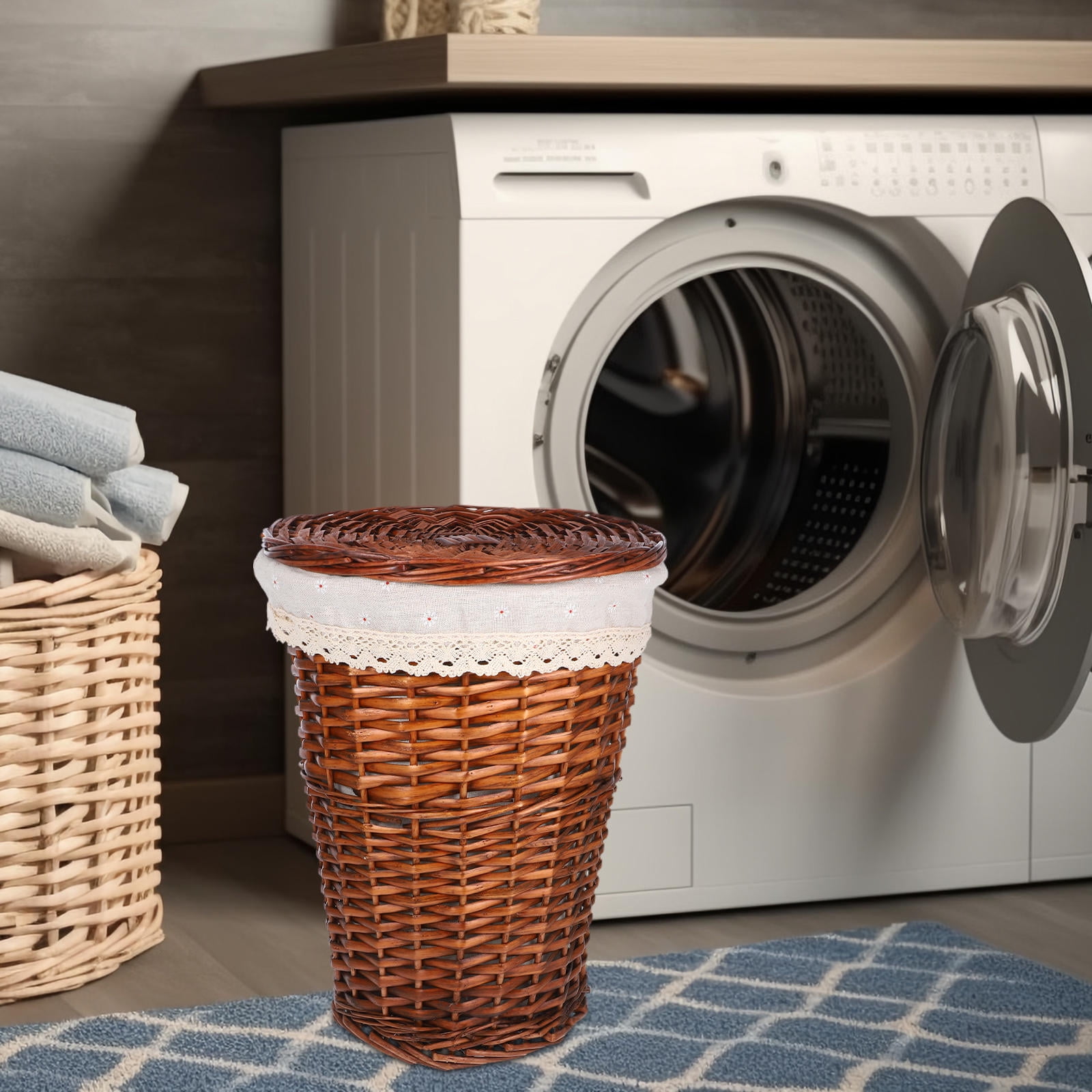 DEEPCRAFF Brown Woven Laundry Hamper with Lid, Wicker Basket for Outdoor and Indoor Use, 15 x 15 x 15 Inches Capacity